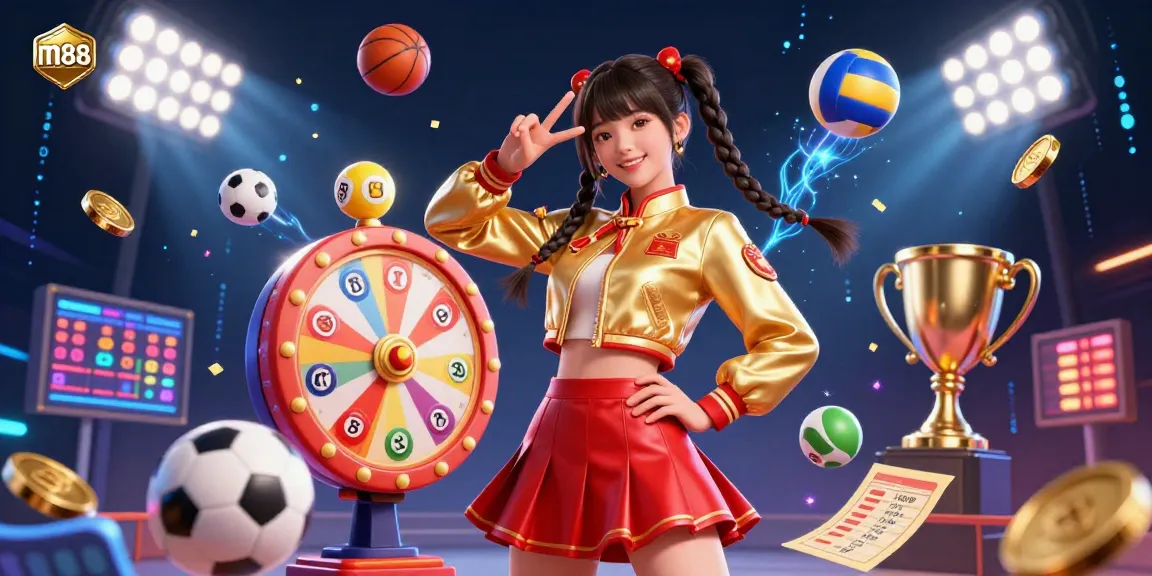 Experience vibrant gaming at m88 with an energetic Asian woman surrounded by casino elements.