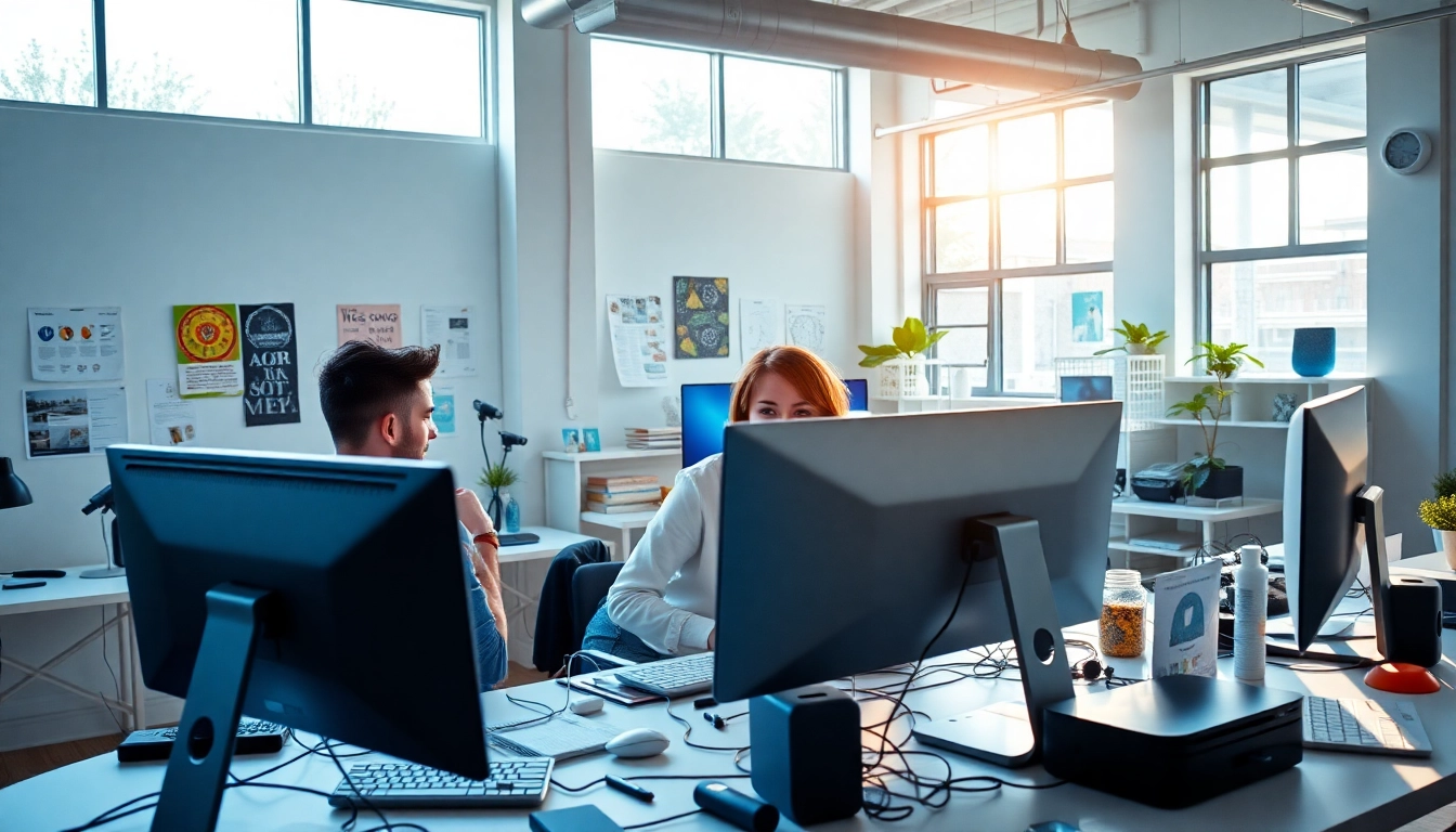 Creative team working on edmonton web design in a modern studio filled with design tools.