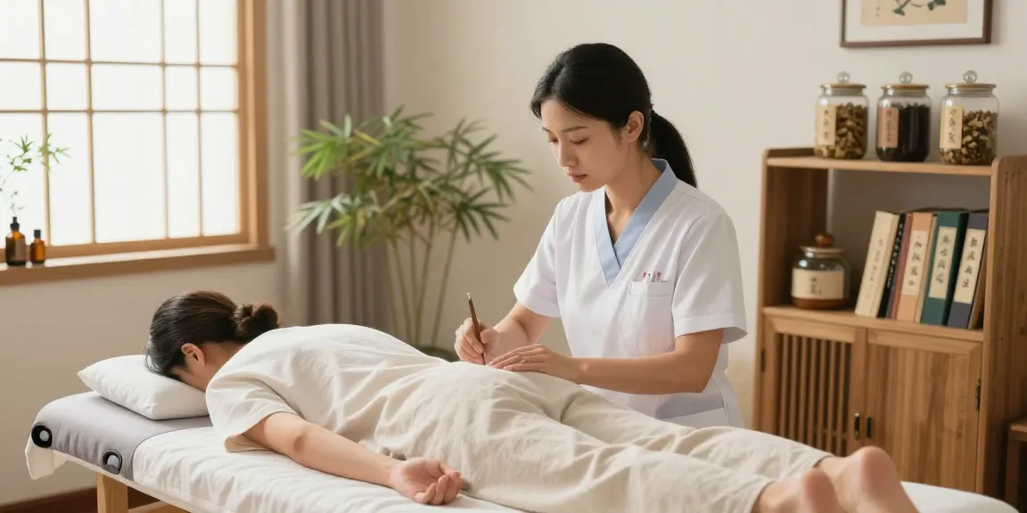 수원한의원 tranquil acupuncture therapy session in a calming wellness clinic setting with herbs and natural light.