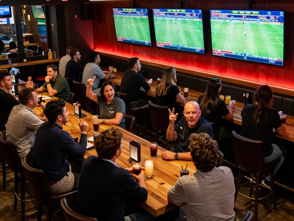Engaging sports betting session showing kèo nhà cái and live matches in a vibrant sports bar atmosphere