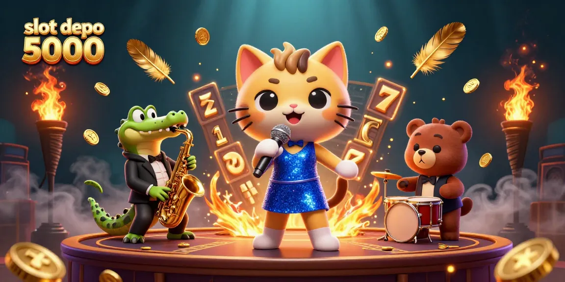 Experience the excitement of slot depo 5000 with vibrant characters and slot reels on a dynamic casino stage.