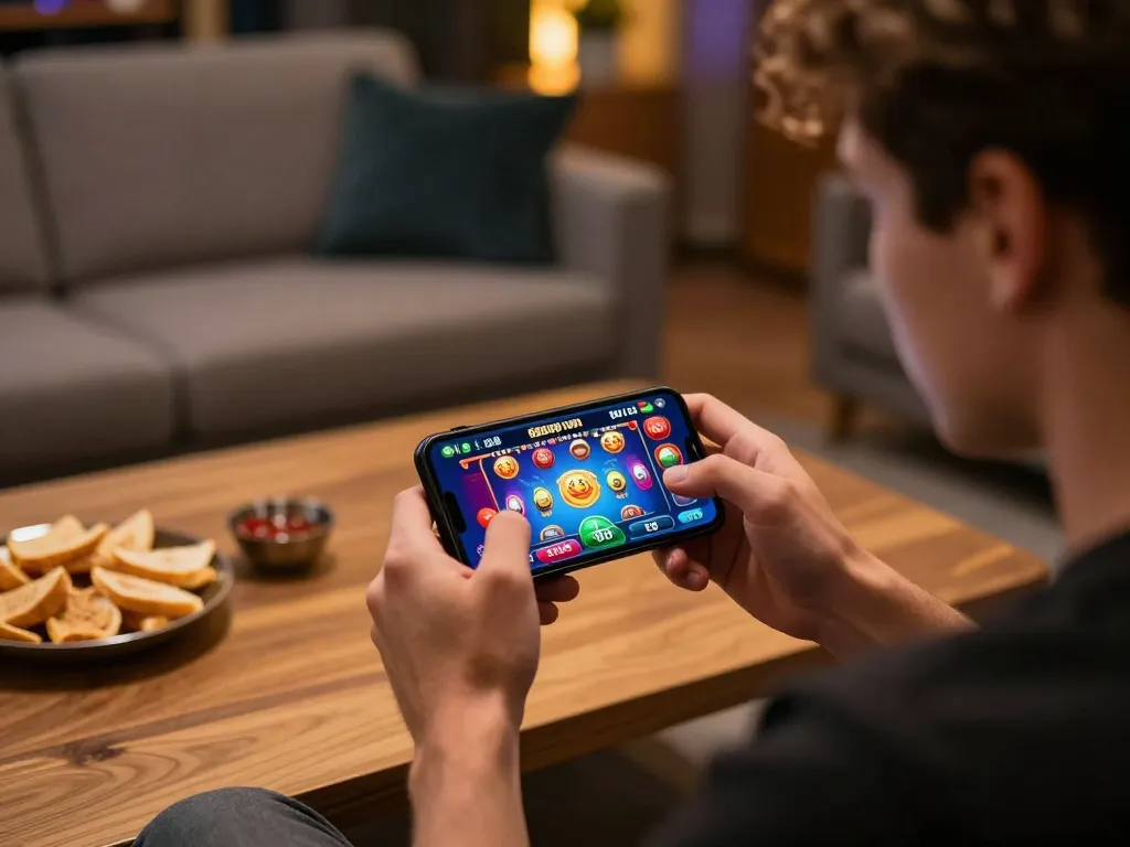 Engaged player using 888top com casino app on smartphone, showcasing vibrant gaming action.