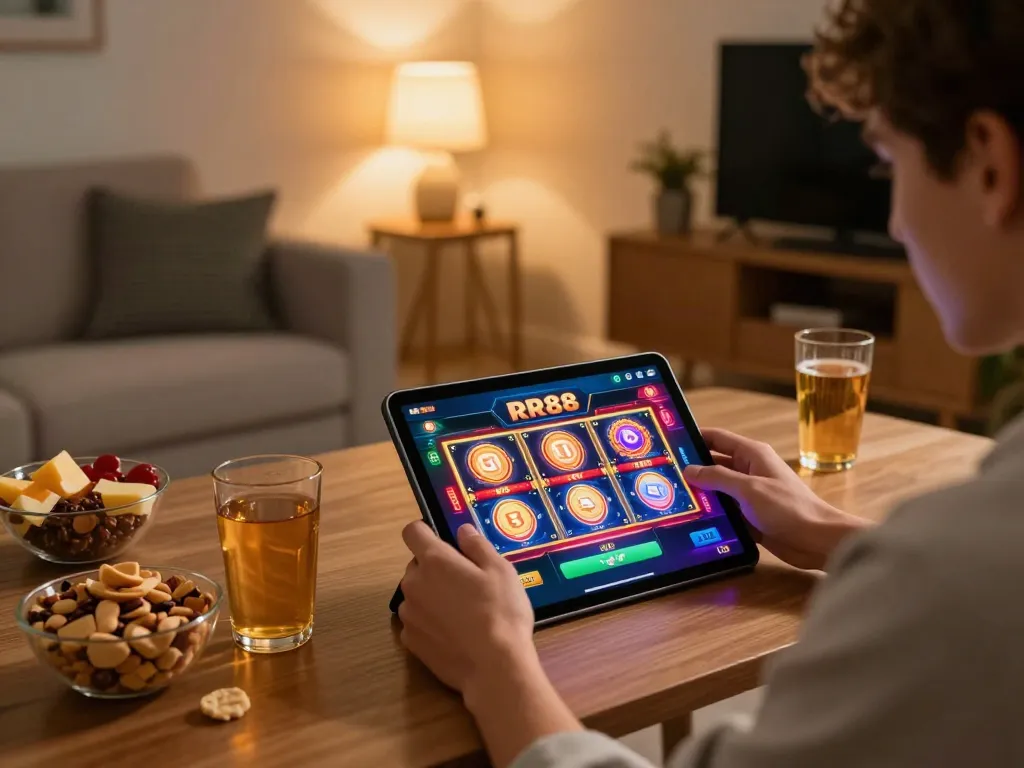 Engaging with RR88 KJC app on a tablet, showcasing online gaming excitement.