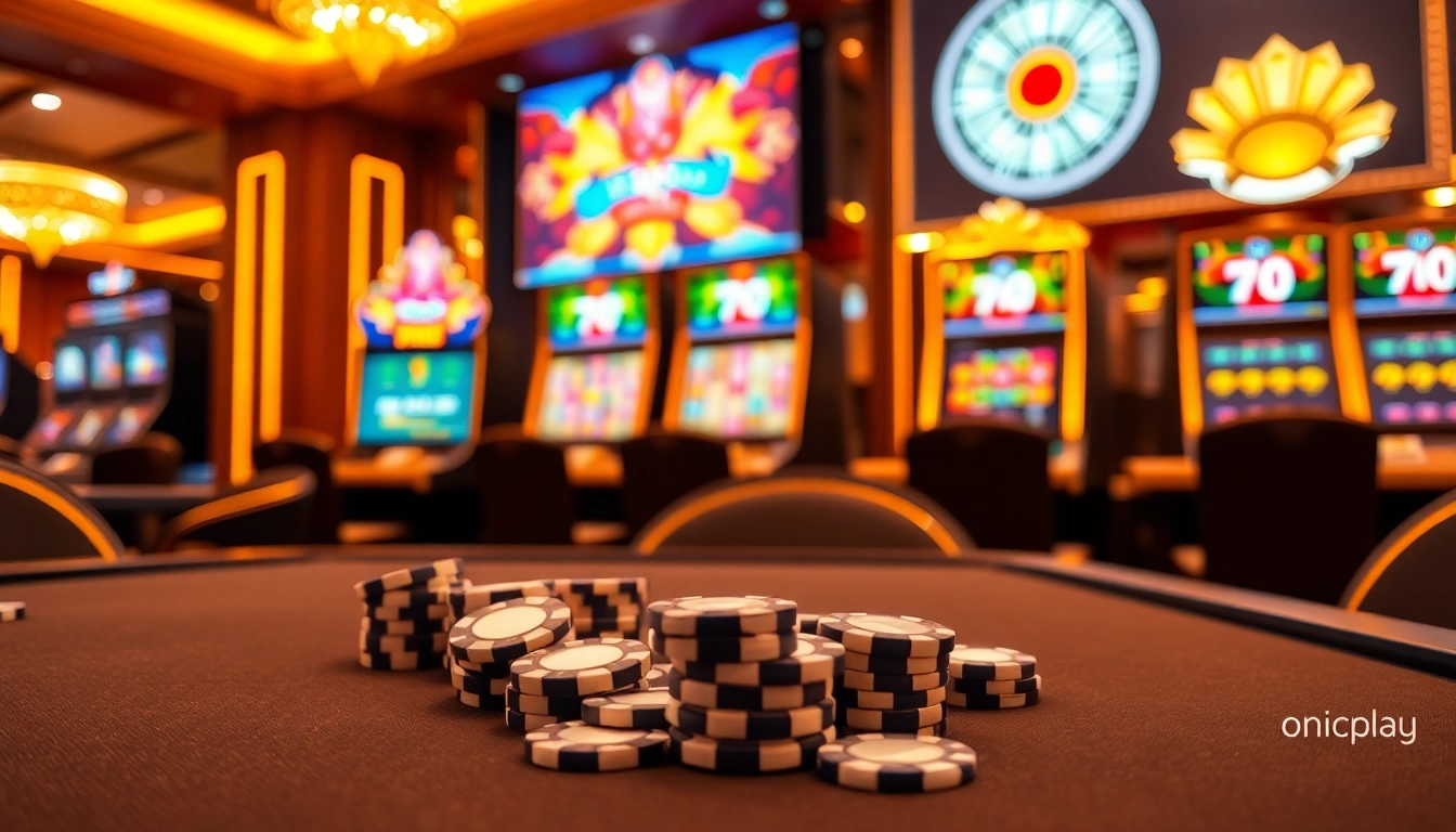 A thrilling scene featuring onicplay and vibrant slot machines in a luxurious casino environment.