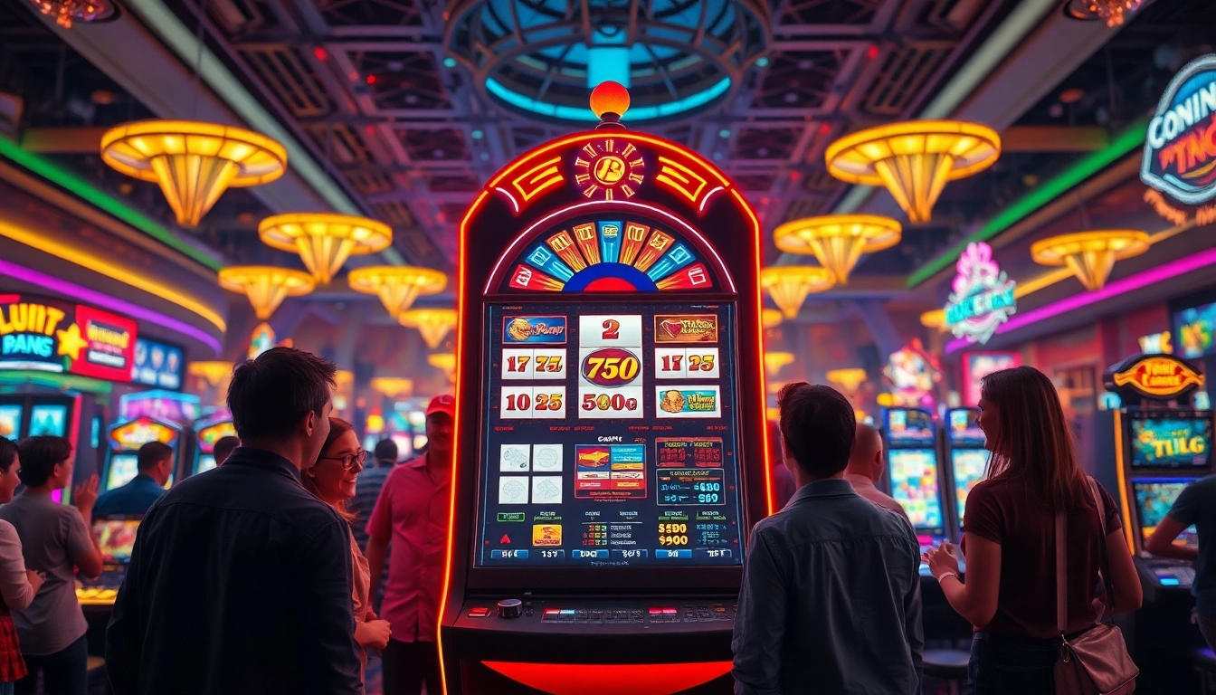 Slot77 hadir dalam suasana kasino yang meriah dengan mesin slot yang bersinar dan pemain bersemangat.