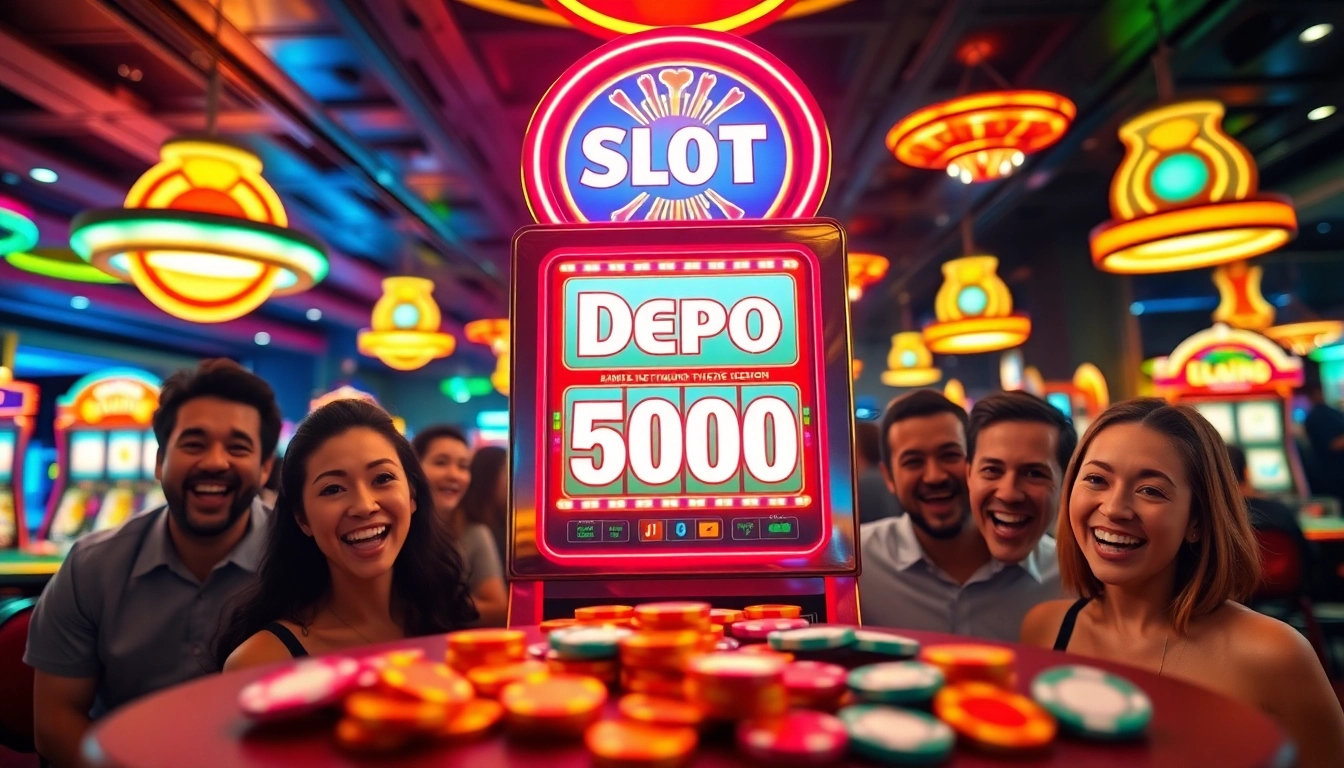 Menampilkan Slot Depo 5000 dengan pemain bersemangat di kasino yang cerah.