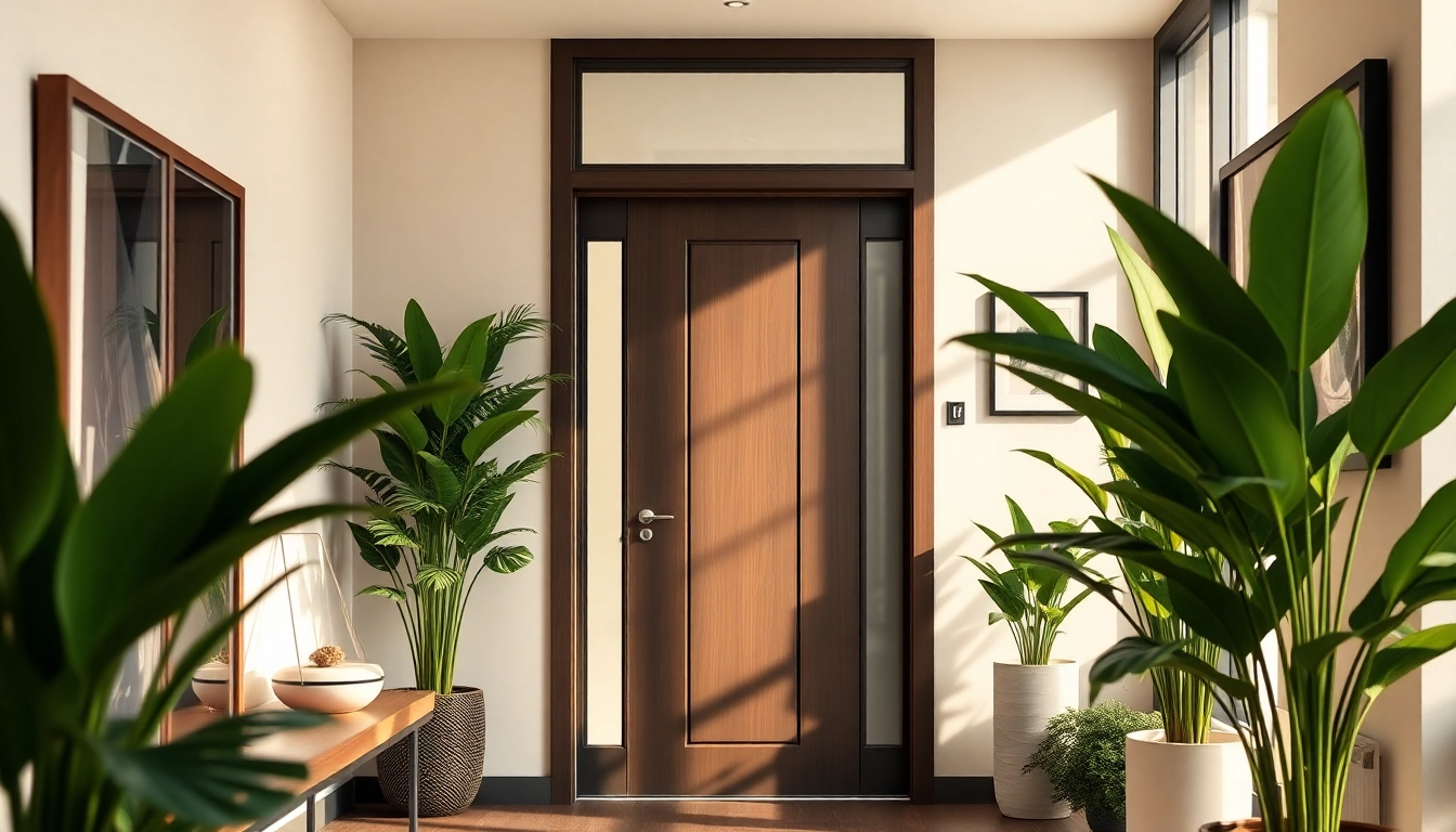 Open exit door in a stylish entryway showcasing modern design features and natural light.