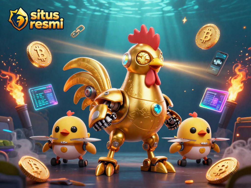Witness exciting bets on situs resmi with dynamic golden rooster robot, baby chick drones, and cryptocurrency elements.