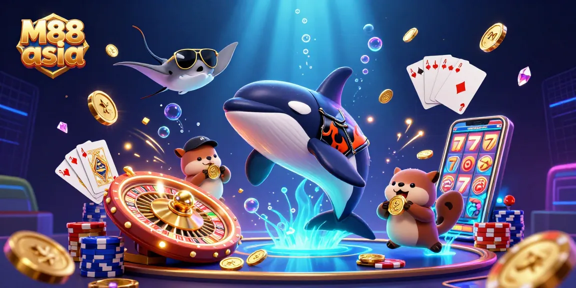 Enjoy thrilling casino fun with M88 asia, featuring an orca whale, stingray, and sea otters amidst gold coins and games.
