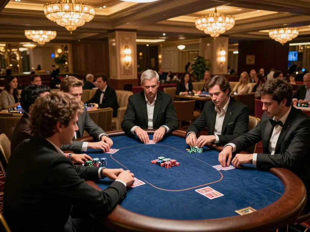 Players engaged in a strategic poker game in a luxurious casino atmosphere, illustrating hidden wiki dark web gaming