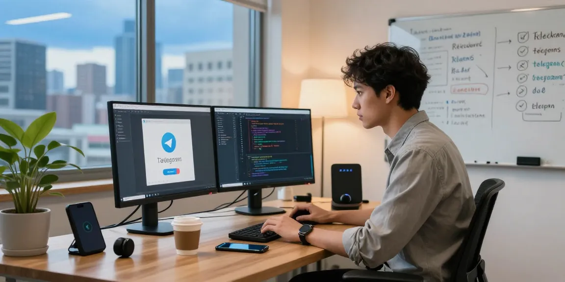 Focused professional at modern workspace using Telegram官网 for software development, showcasing tech gadgets and urban backdrop.