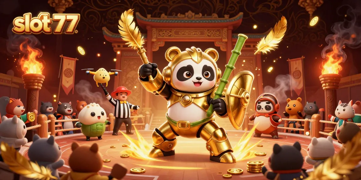 Experience thrilling slot 77 action in this vibrant 3D casino arena illustration with golden characters.