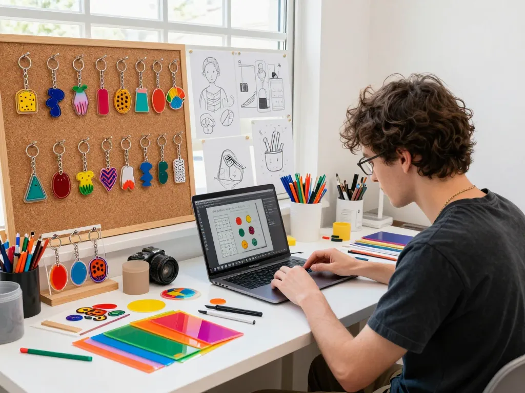 Creative acrylic keychain maker showcased at work, designing vibrant custom keychains amidst colorful materials and bright natural light.