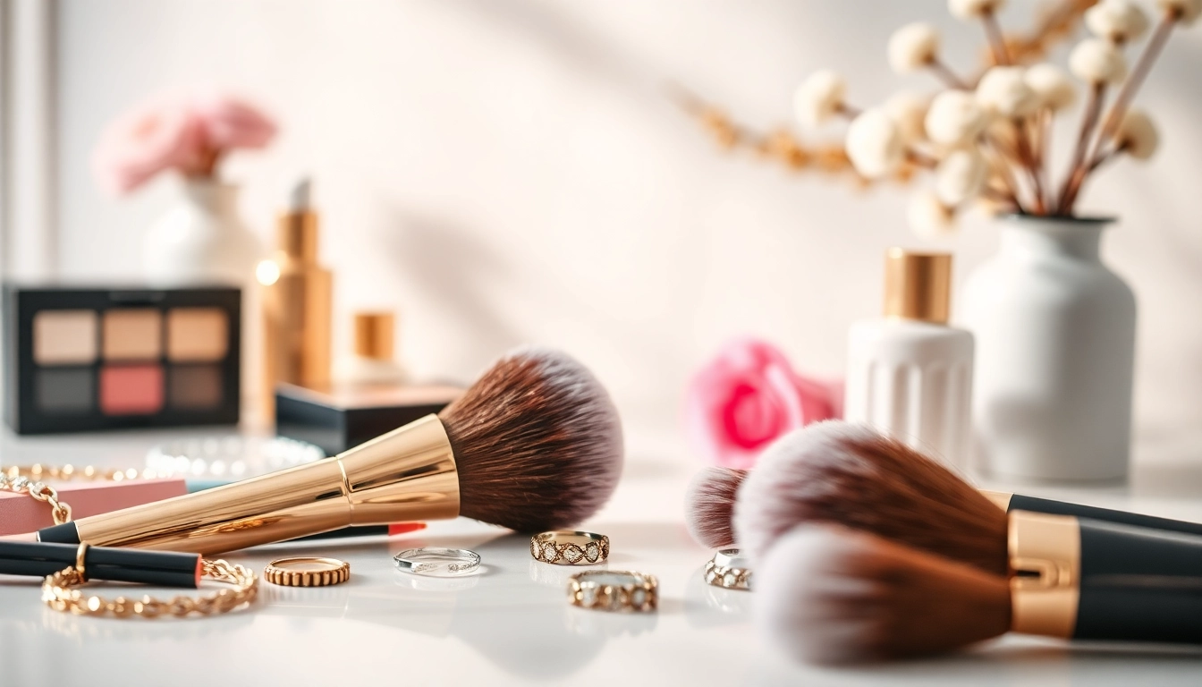 Application with a dense makeup brush highlighted in an elegant vanity setup.