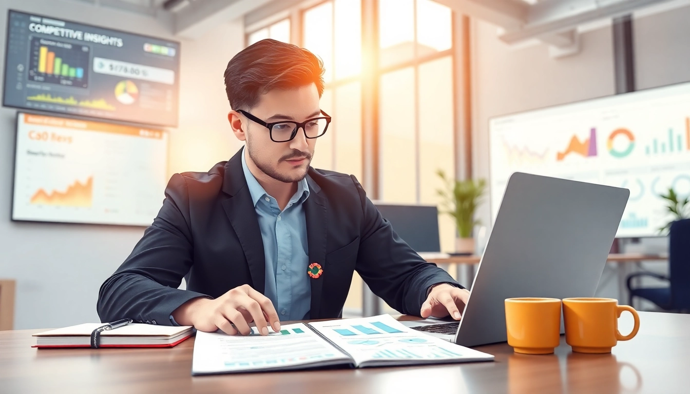 Analyze AI for competitor analysis with a data analyst examining digital insights in a modern office.