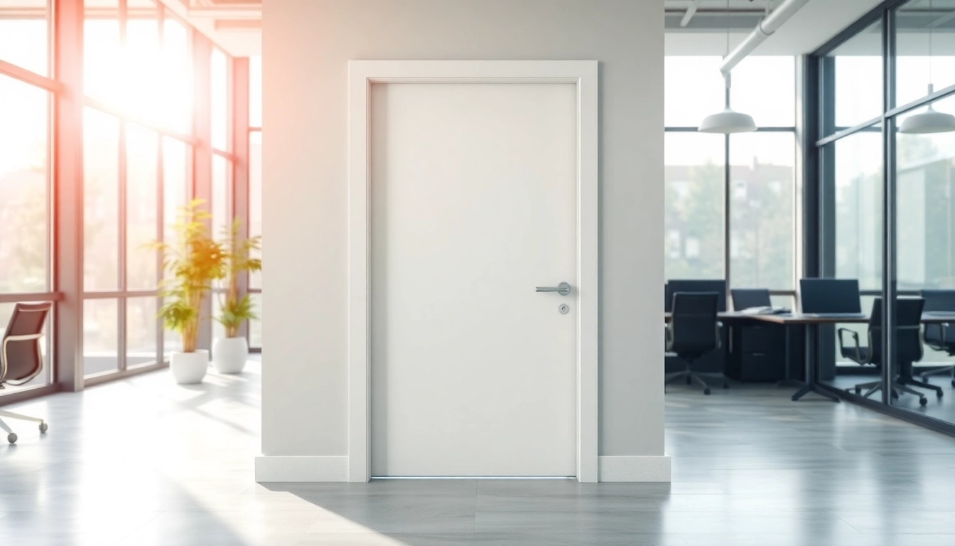 Exit door featuring a modern design in an office setting, symbolizing safety and accessibility.