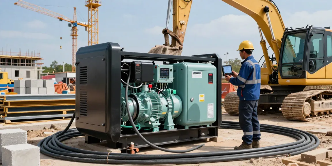 Diesel generator powering construction site with technician inspecting unit