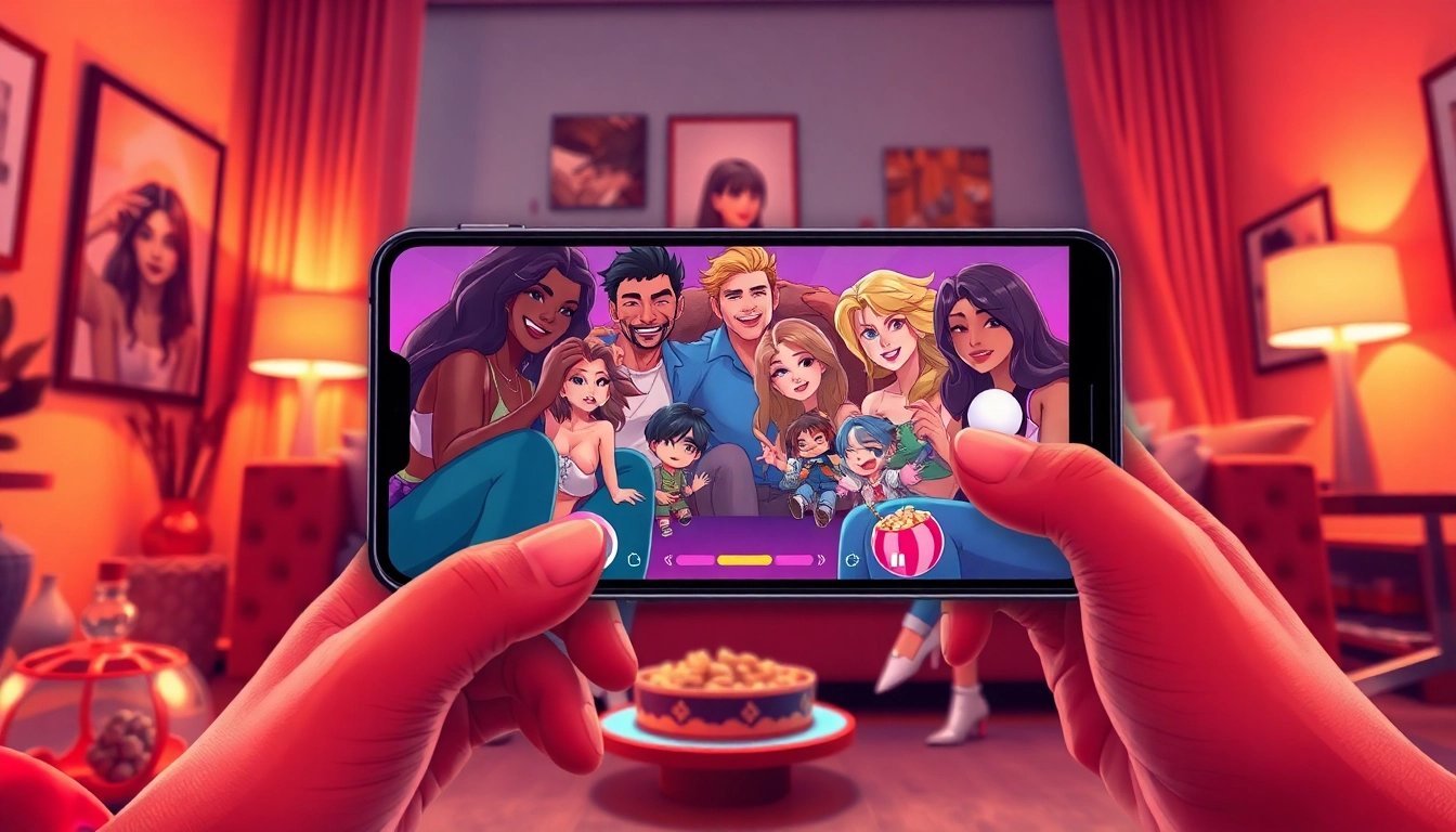 Engaging scene of users enjoying a mobile porn game in a cozy living room setting.