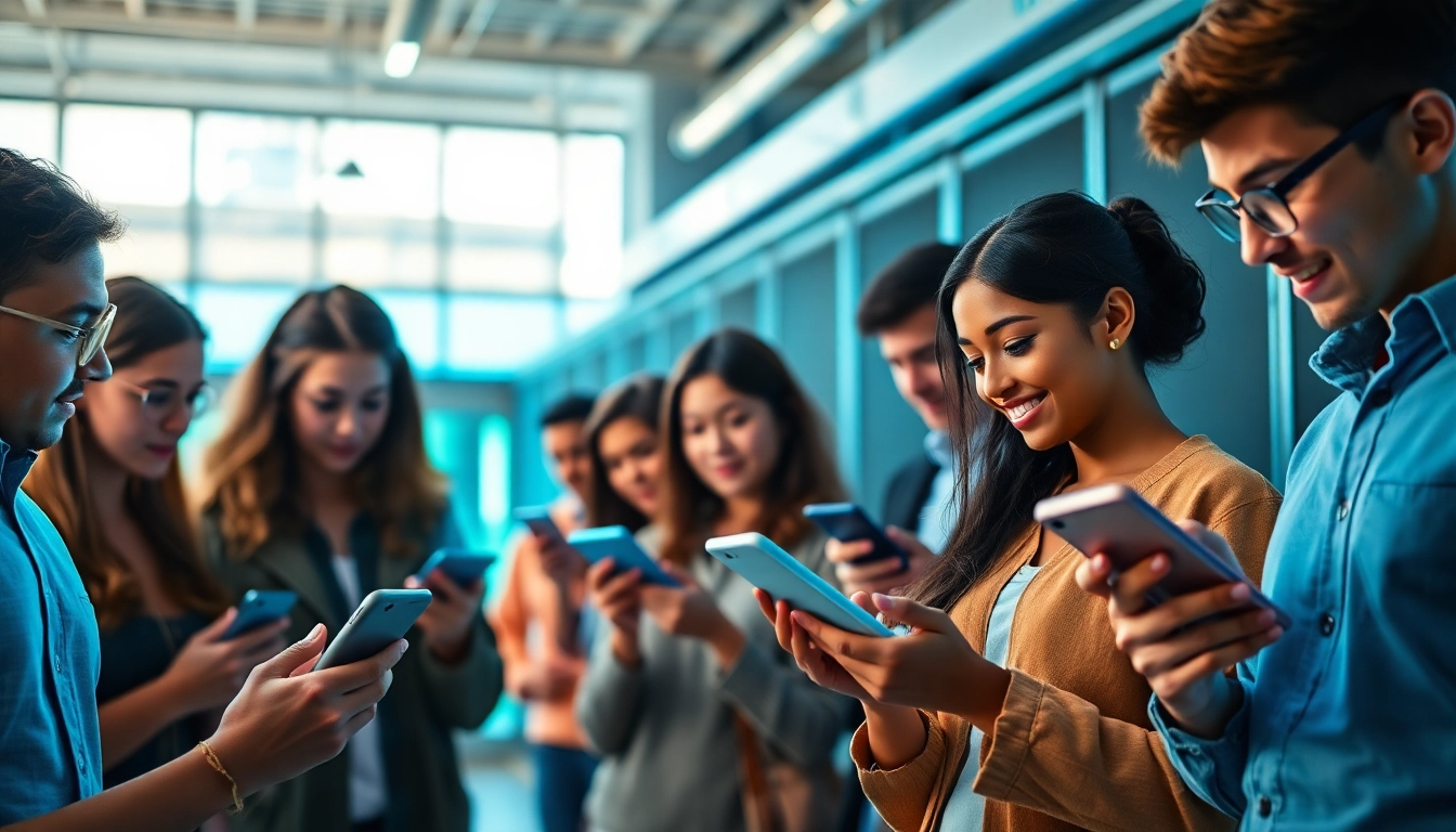 Engaging scene of users actively utilizing a cloud mining app on their devices in a tech-savvy environment.