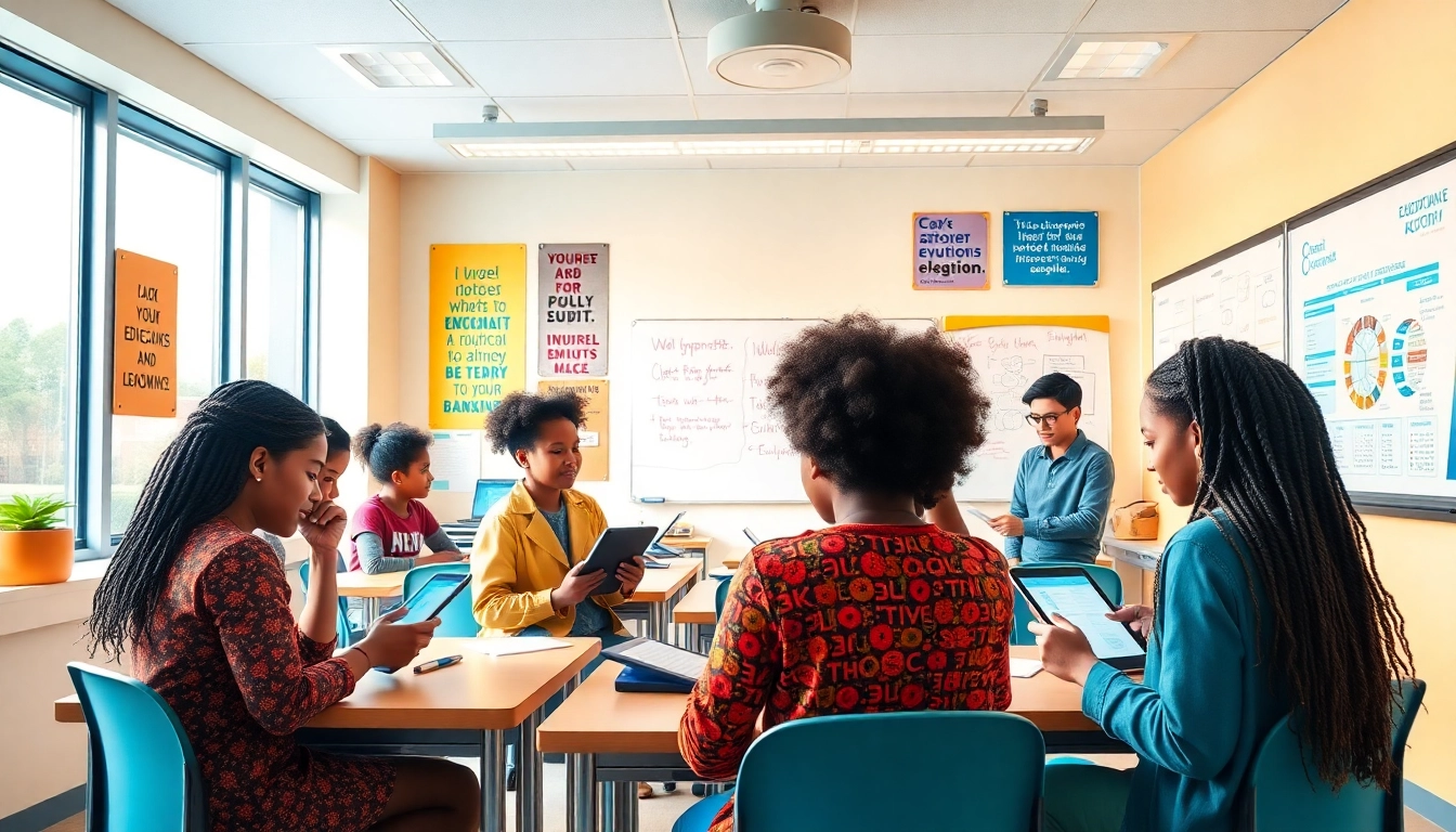 Interactive classroom promoting education equity with diverse students collaborating.