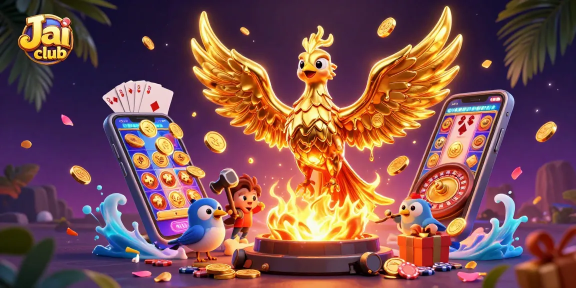 Experience the thrill of Jai club's vibrant casino atmosphere, featuring a golden phoenix and dynamic gaming elements.