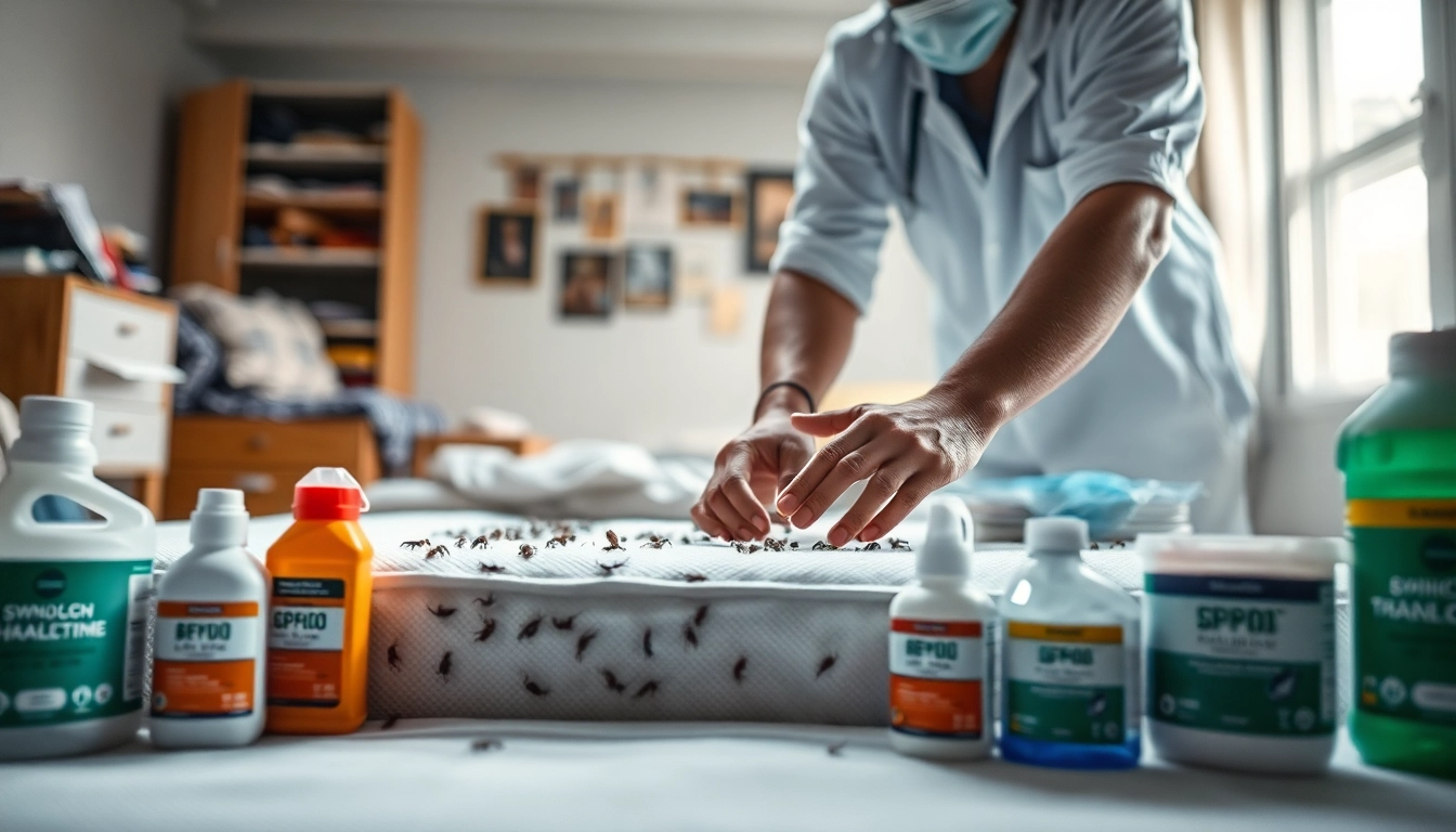 Effectively demonstrating bed bug chemical treatment methods, a professional examines infested mattress.