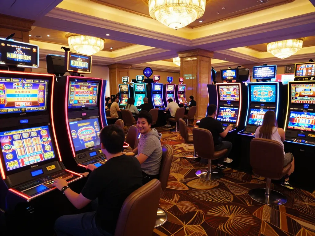 Players enjoying slot deposit 10 ribu excitement at a vibrant casino floor, celebrating wins with colorful machines.