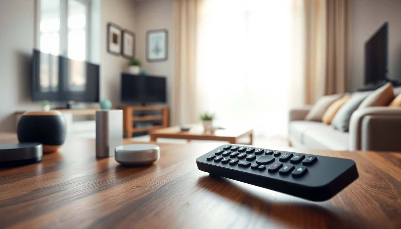 Die Panasonic Fernbedienung TX-39 auf einem Tisch mit modernem TV-Zubehör präsentiert.