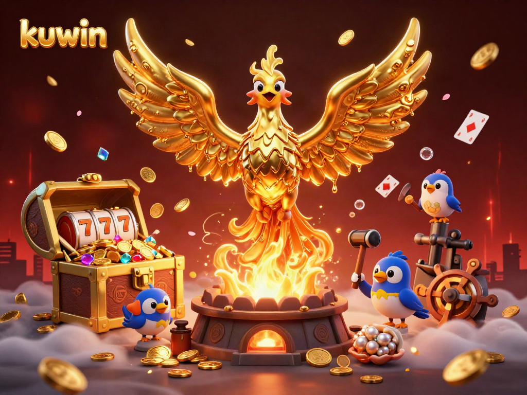 Kuwin players spinning slot reels with a golden phoenix and exciting casino elements.