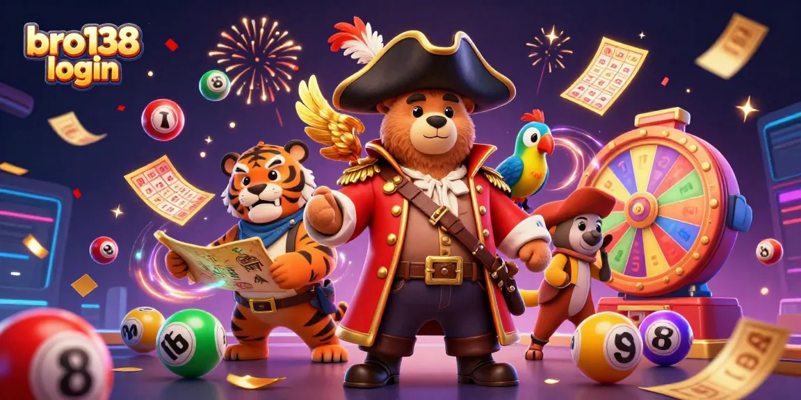 Win big at bro138 login with a vibrant, adventurous casino scene featuring a pirate captain bear and vibrant game elements.