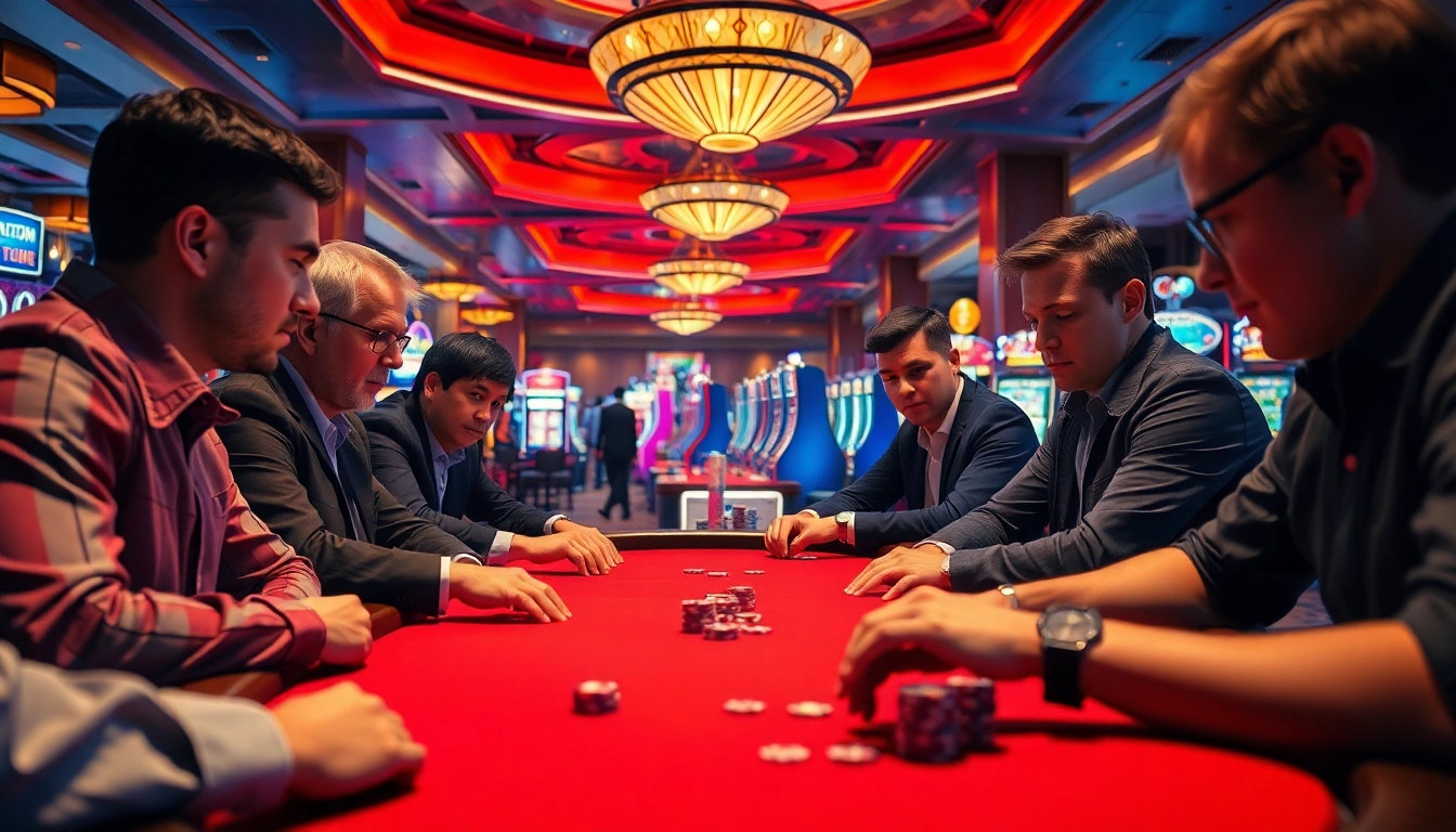 Engaged players in a Non gamstop Casino Uk setting, showcasing high-stakes poker and vibrant casino lights.