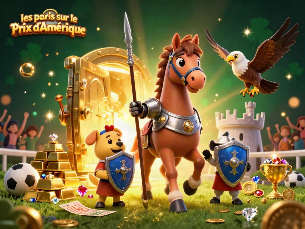Experience les paris sur le Prix d'Amérique with exciting horse racing visuals and vibrant gaming elements.