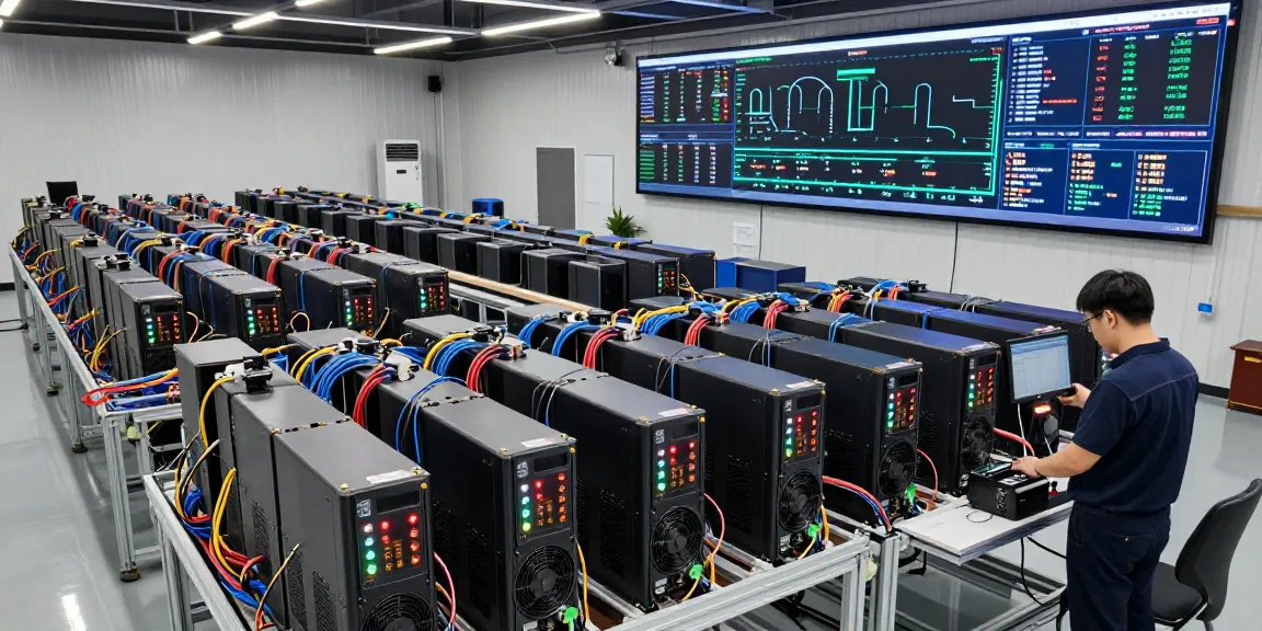 Bitcoin mining farm filled with ASIC miners and monitoring screens in a high-tech environment.