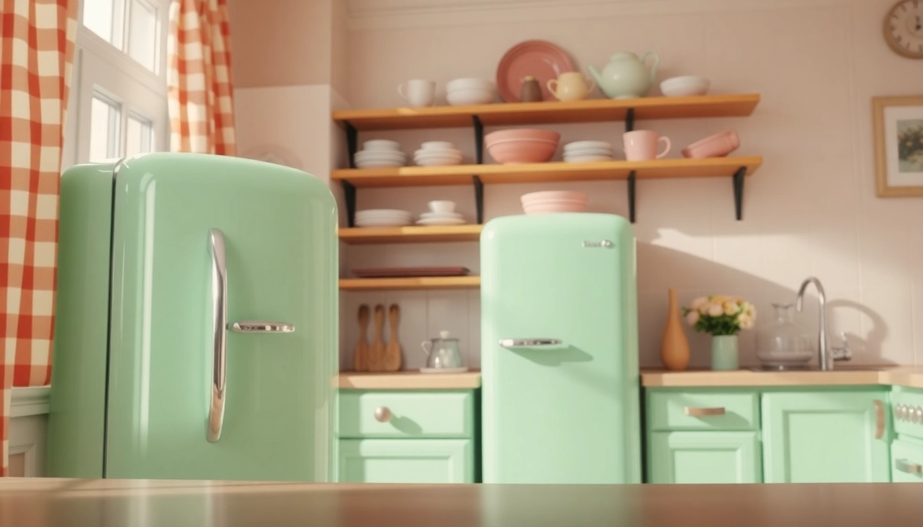 Retro appliance, a pastel refrigerator, in a sunlit kitchen filled with vintage decor elements.