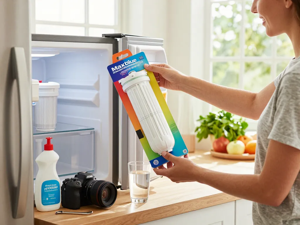 Homeowner replacing the Maxblue EDR1RXD1 Replacement for Everydrop® Filter 1 in a sunny kitchen, highlighting DIY home maintenance.