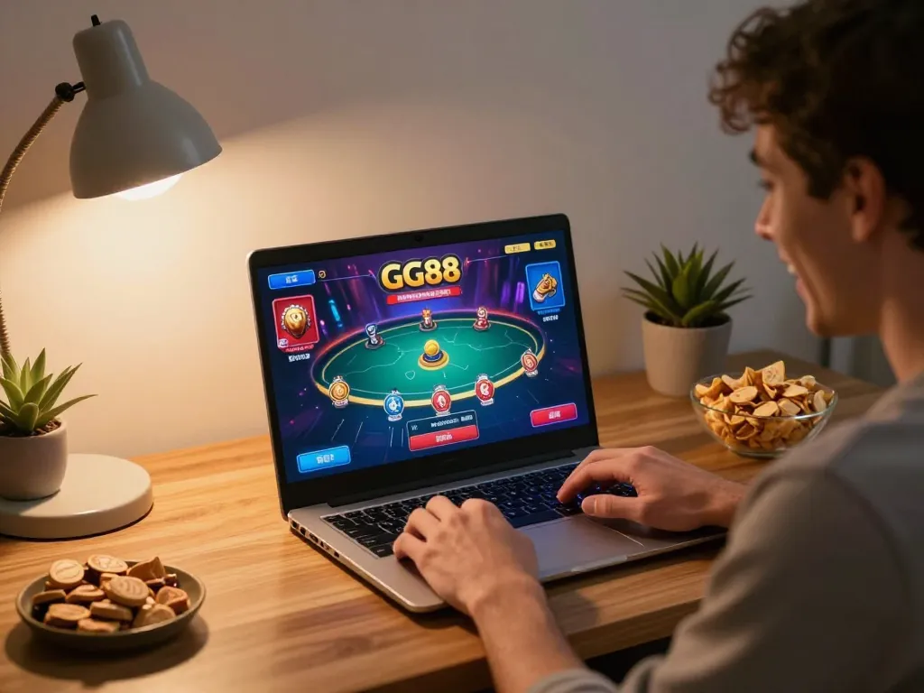 Engaged player using GG88 online casino app with vibrant gaming interface in cozy home setting.