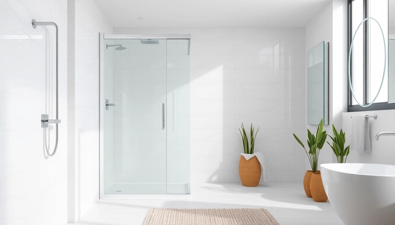 Showcase of elegant sunney shower doors in a beautifully designed modern bathroom