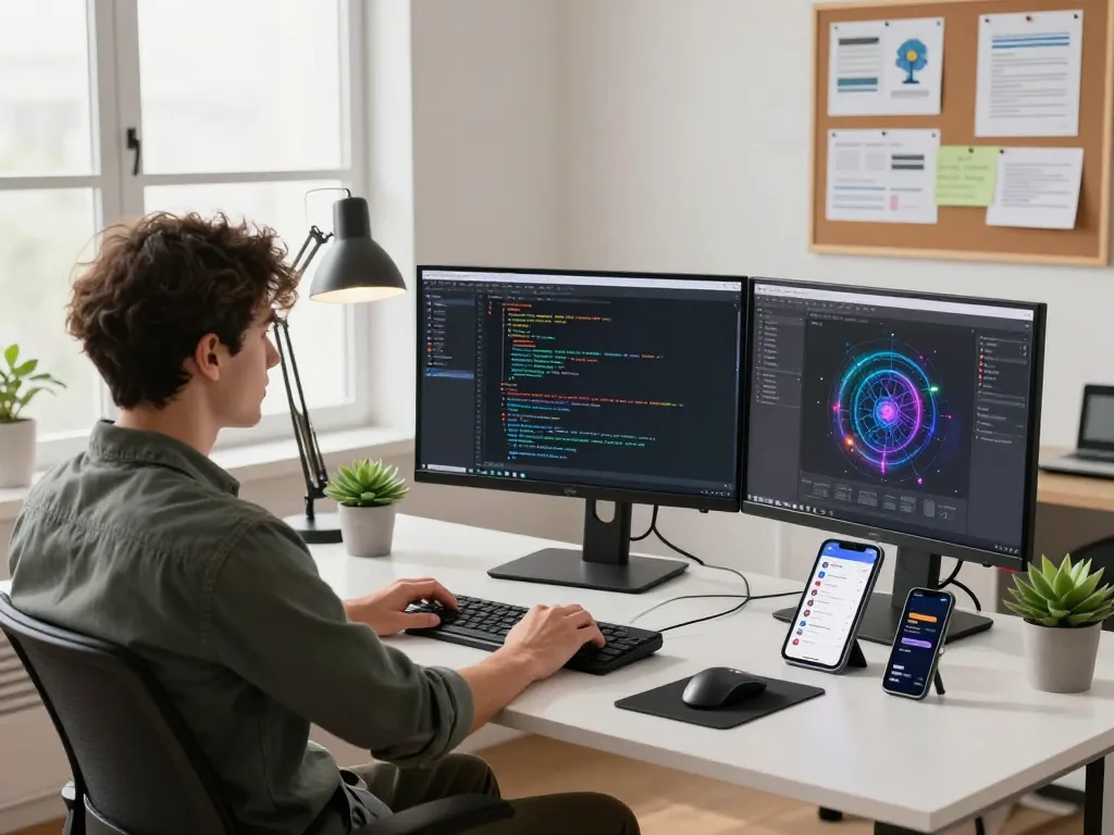 Dynamic tech workspace featuring AI integration with openclaw on screens, showcasing modern development tools and a productive atmosphere.