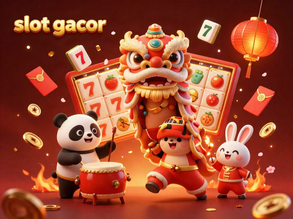 Permainan slot gacor dengan karakter menari, dikelilingi elemen keberuntungan dalam nuansa merah emas.
