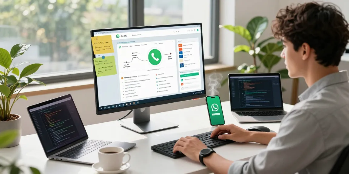 Professional using WhatsApp電腦版 on a modern workspace with tech gadgets.