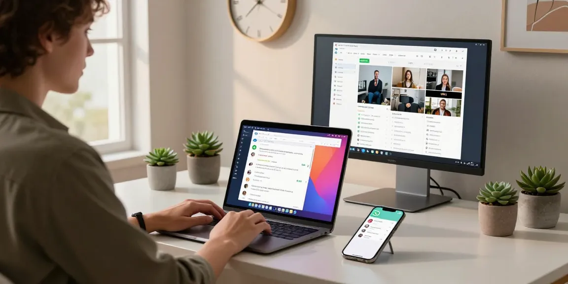 Using WhatsApp電腦版 on a modern laptop in a home office, showcasing productivity tools and natural light.