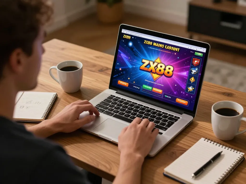 Player enjoying an engaging zx88 casino experience on a laptop, surrounded by thoughtful gaming strategy.