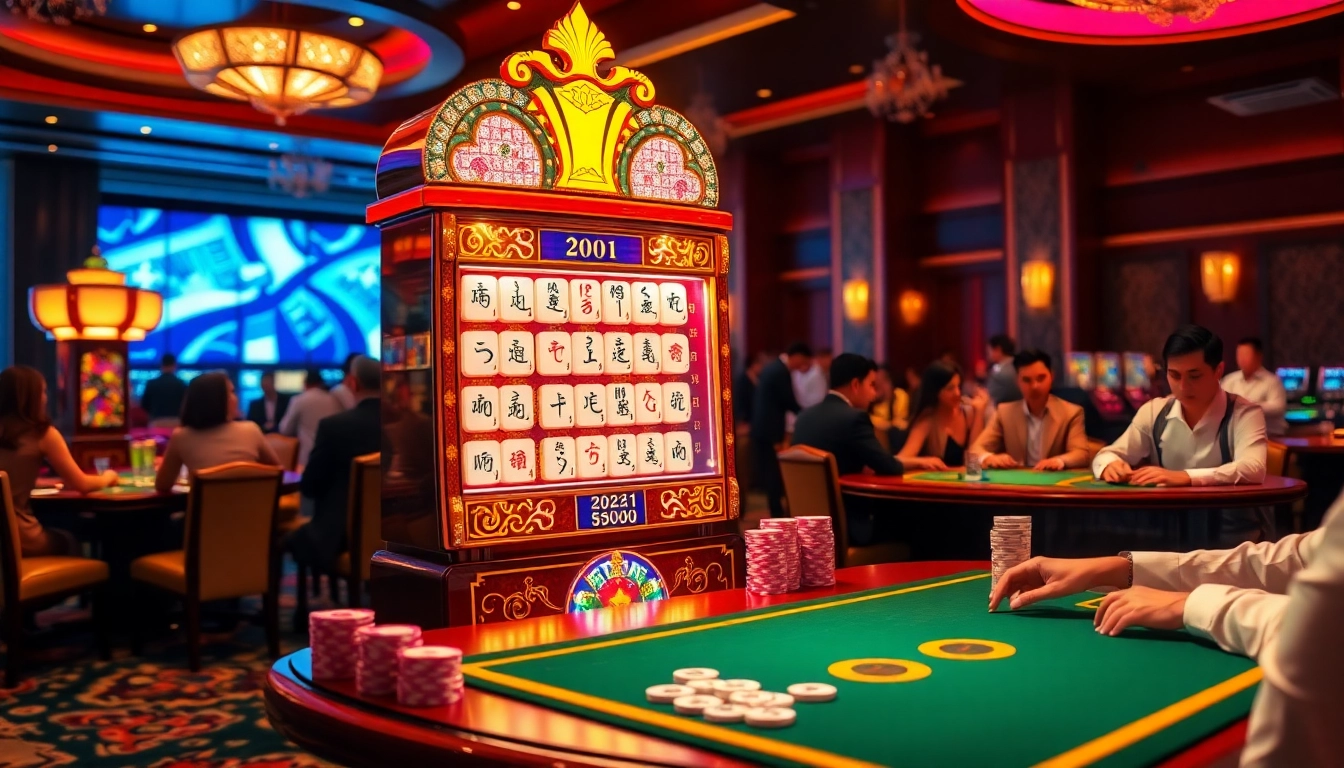 Berinteraksi dengan slot demo mahjong di latar kasino yang hidup, menampilkan mesin berwarna-warni dan pemain yang bersemangat.