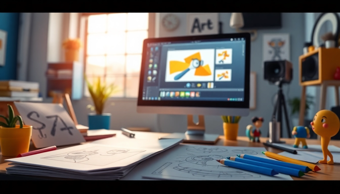 Animation Erstellen im kreativen Studio mit Software und Skizzen.