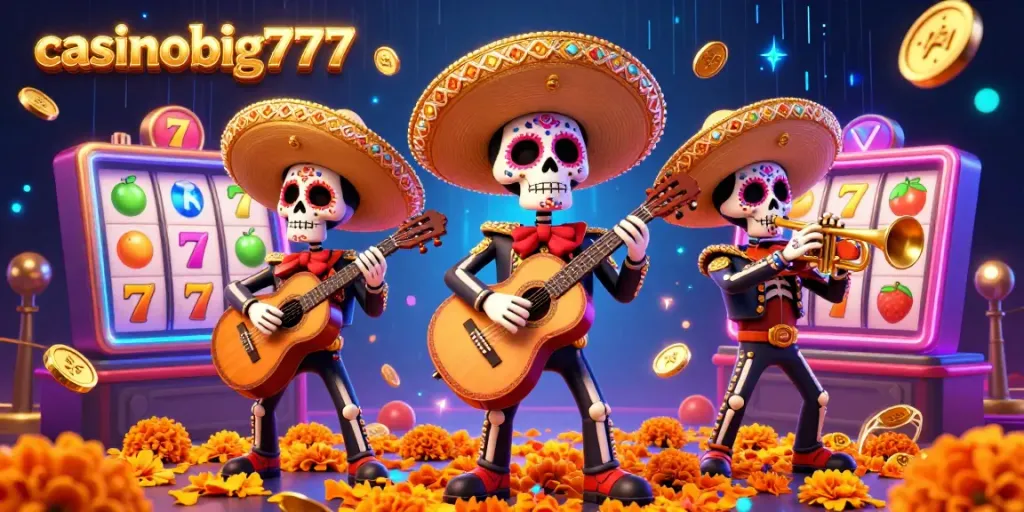 Experience the thrill of casinobig777 slots with a vibrant 3D mariachi scene filled with lucky symbols and energy.