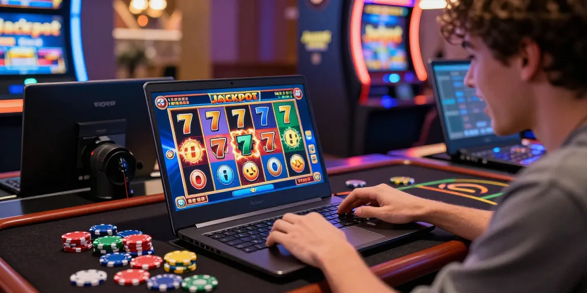 Salah satu pemain bersemangat bermain slot777 secara online, dikelilingi oleh chip kasino dan pencahayaan neon.