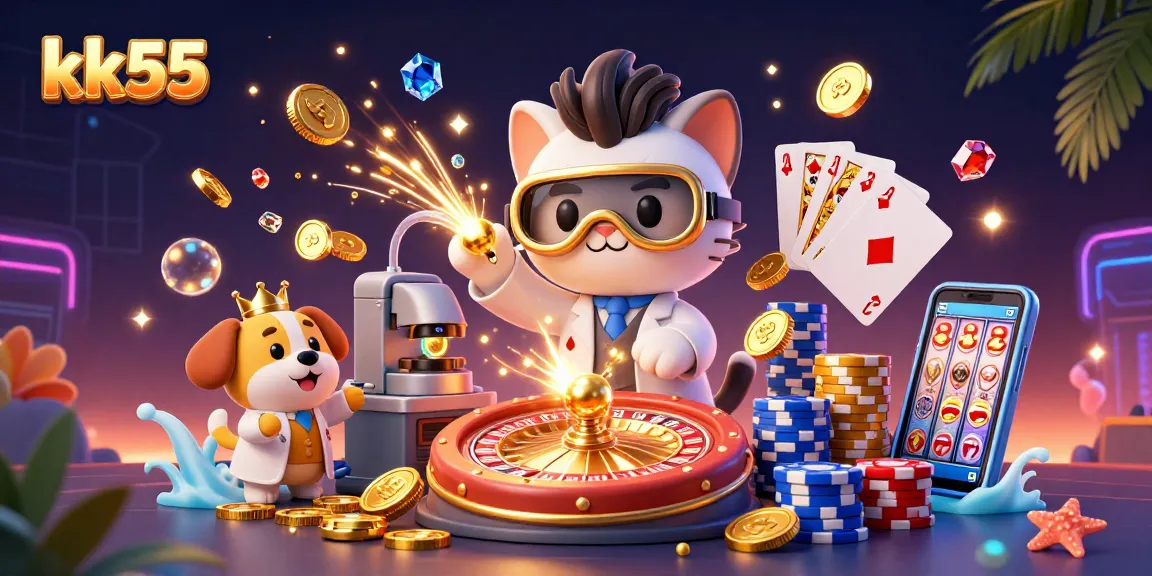 Experience gaming excitement with kk55's mad scientist cat and golden casino elements in a vibrant scene.