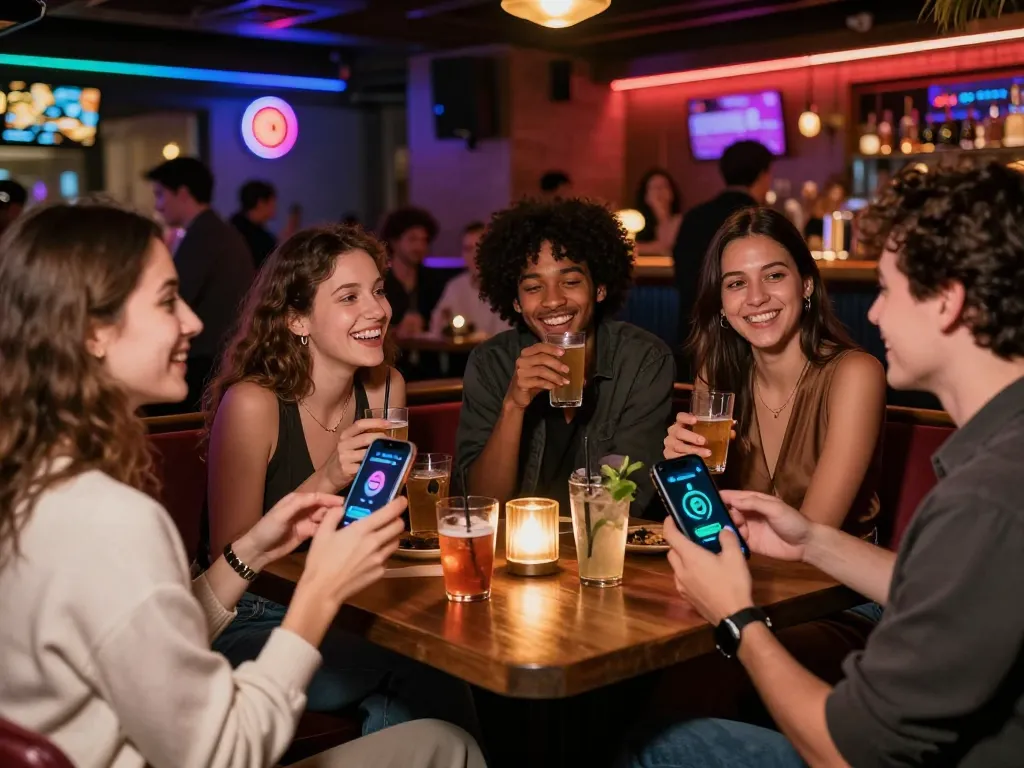 Group enjoying nightlife, engaging with AI chatbots, vibrant urban scene reflecting ai slut culture