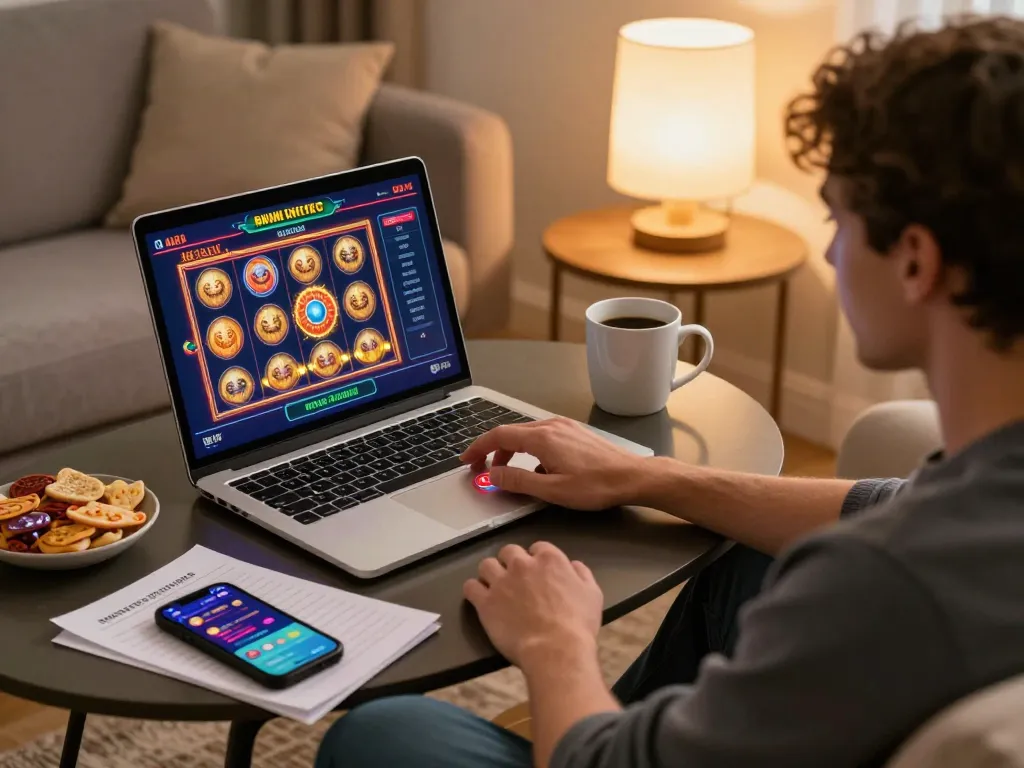 Player enjoying a slot bonus at home using a laptop, creating an engaging online gaming experience.