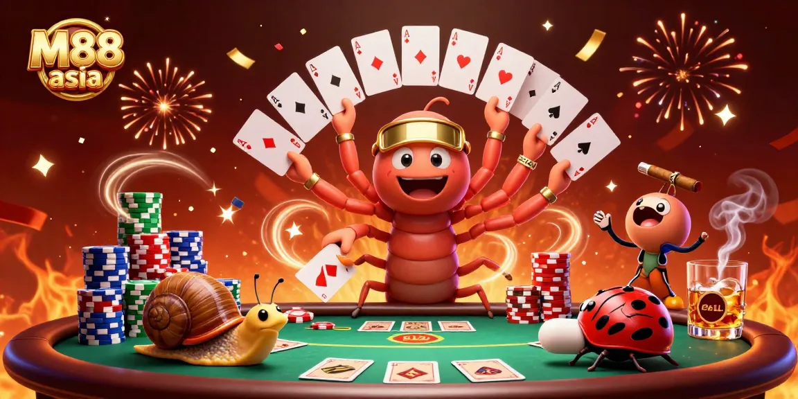 M88 asia showcases an exciting poker scene with a whimsical millipede dealer and high-rolling snail, celebrating a vibrant atmosphere.